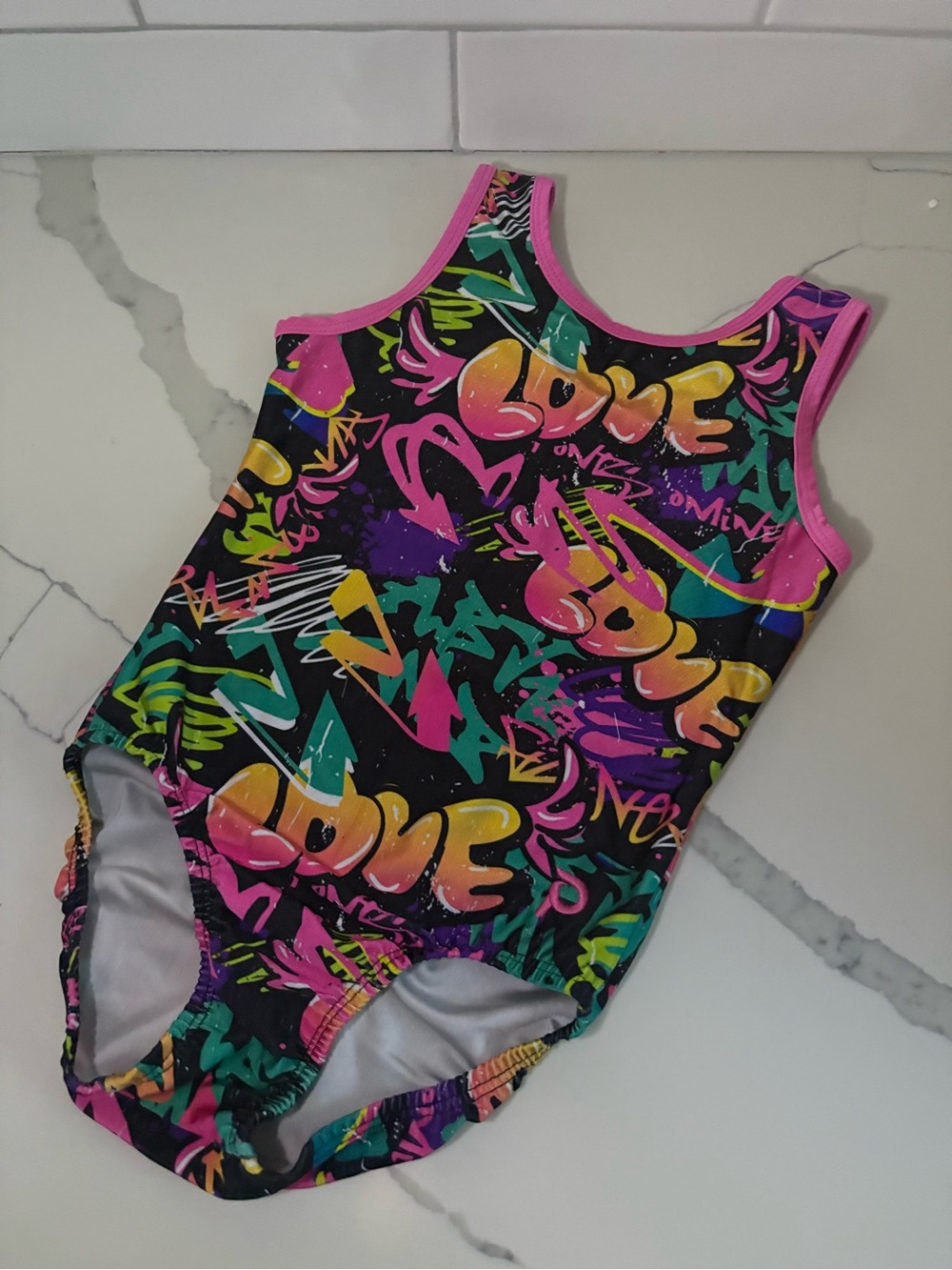 PLUM Kids Neon Graffiti Gymnastics Leotard - Pink Trim